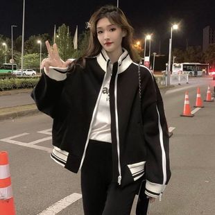 大码 卫衣上衣复古慵懒风立领夹克 胖妹妹美式 棒球服外套女秋冬新款
