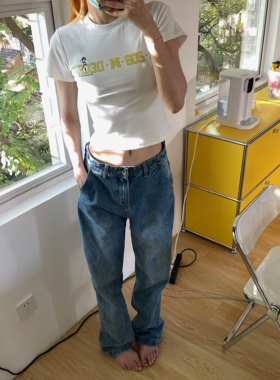 【MIMIHADID】欧美复古牛仔裤蓝色中腰休闲直筒裤