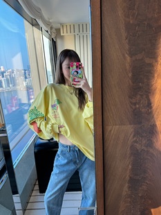 复古印花套头 MIMIHADID 黄色兔子宽松长袖 T恤上衣卫衣美式
