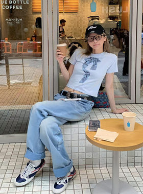 【MIMIHADID】粉蓝短袖T恤蝴蝶结短款正肩显瘦夏季女