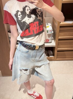 【MIMIHADID】水洗破洞浅色牛仔中裤短裤女夏外穿复古休闲阔腿