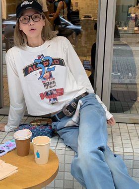 【MIMIHADID】复古破洞白色长袖T恤印花显瘦秋季穿搭女