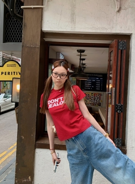 【MIMIHADID】红色印花短袖t恤飞袖正肩复古甜辣修身显瘦夏季女