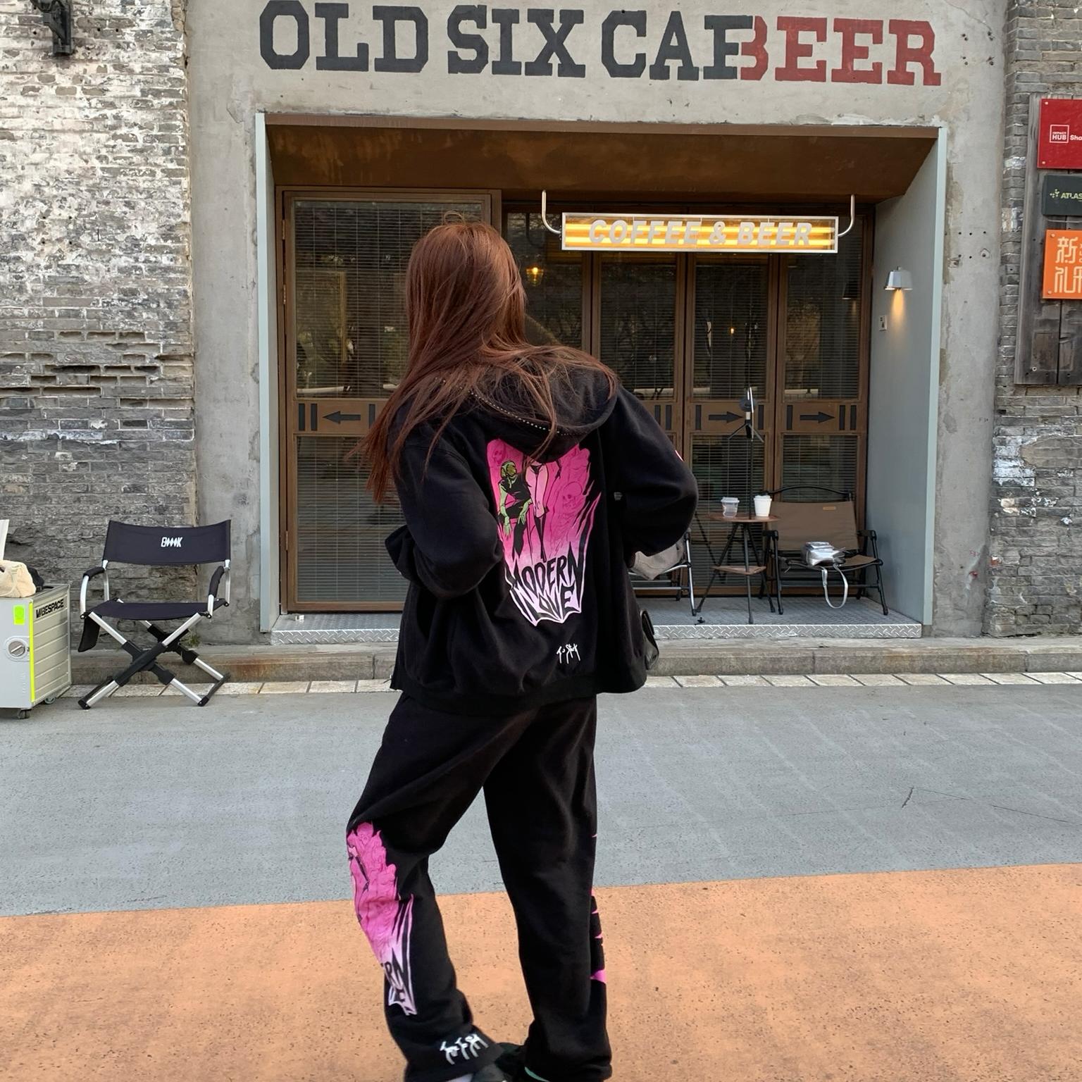 【清仓】DD黑色卫衣连帽拉链开衫卫裤套装美式涂鸦印花