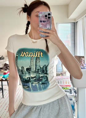 【少量现货】城市印花短袖T恤女修身显瘦百搭上衣白色夏季圆领