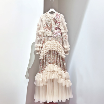 重工艺亮片长袖连衣裙女仙气风平时刺绣可穿小礼服法式网纱长裙子