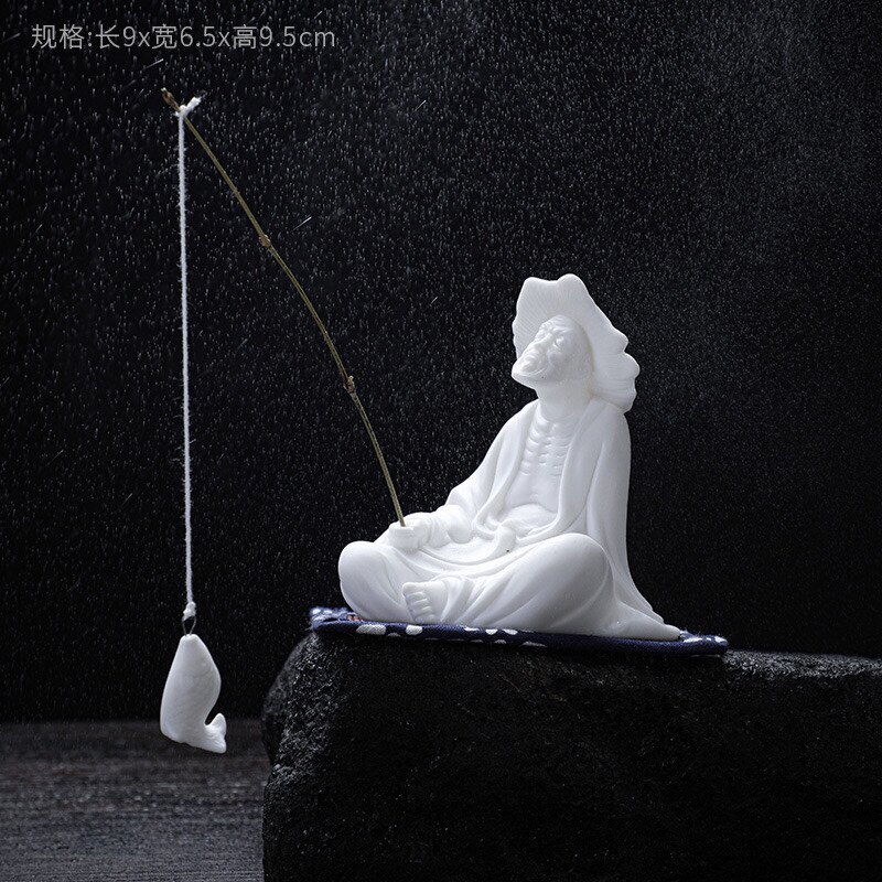 创意姜太公钓鱼翁小陶瓷人物家居摆件客厅鱼缸微景观假山流水摆设