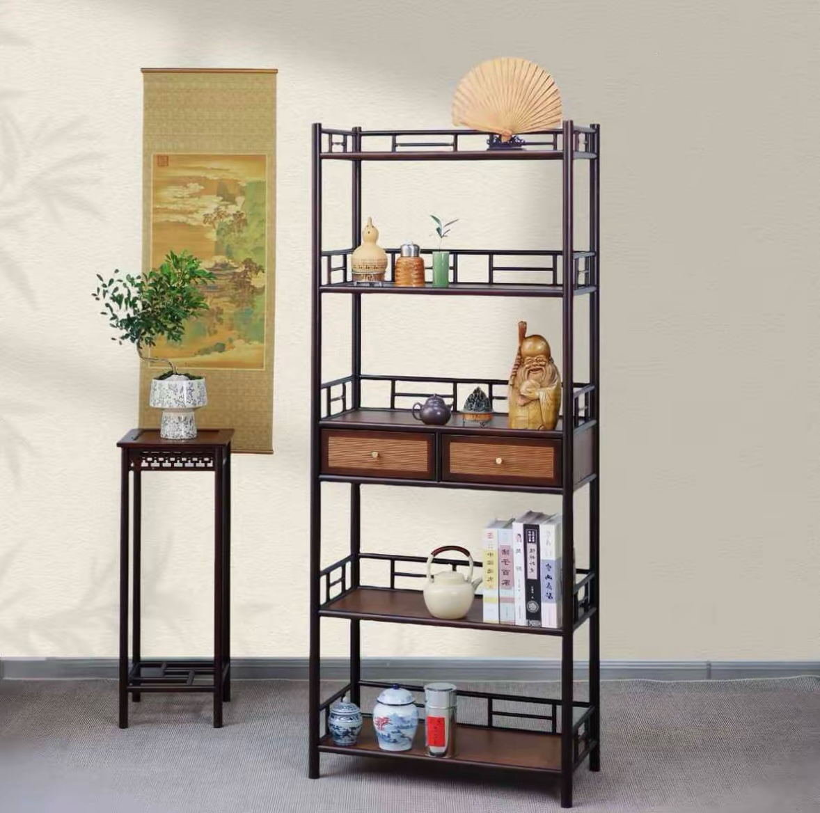 「长枫」新中式高山楠竹收纳柜家用茶具客厅落地可移动手工简约