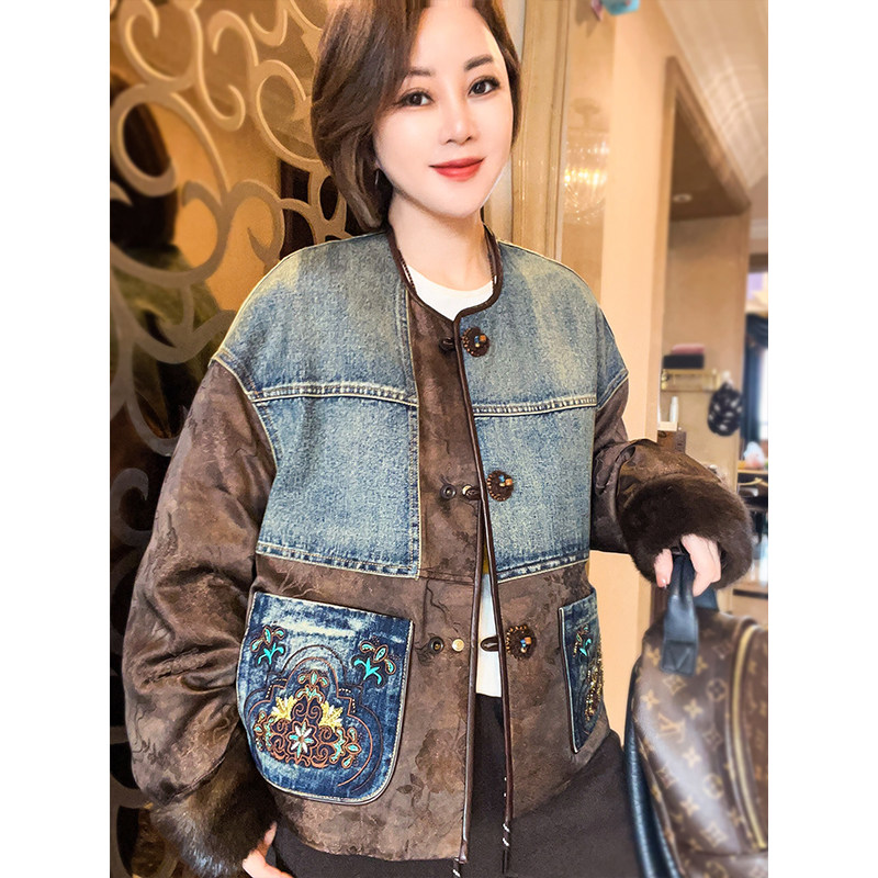 岑晨【云纹牛仔】】水貂毛袖90鹅绒服刺绣新中式女装上衣