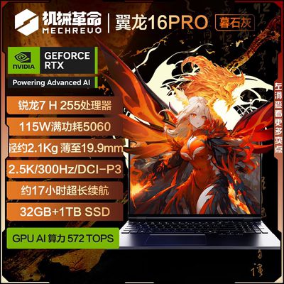 机械革命翼龙16Pro25款锐龙R7/H255/RTX5060/300HZ游戏笔记本电脑
