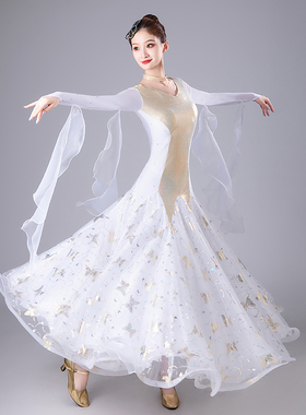 新款金色蝴蝶大摆裙摆国标舞蹈摩登舞表演舞服赛服华尔兹交谊舞裙