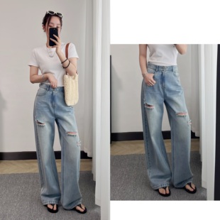 2025春夏新款蓝粉色【破洞牛仔裤】美式复古高街阔腿裤宽松牛仔裤