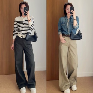 新款【卡其色阔腿裤】出镜裤王老钱风高腰全棉宽松阔腿裤休闲裤女