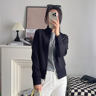 文希WENXI弹力针织休闲上衣新款外套女春秋款翻领黑色夹克双拉链