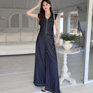 女神气质修身高腰拉链上衣夏季休闲长裤子甜美牛仔阔腿裤时尚套装