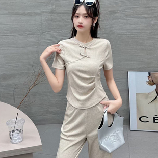 小个子修身短上衣女夏季高腰休闲长裤洋气质显瘦减龄国风运动套装