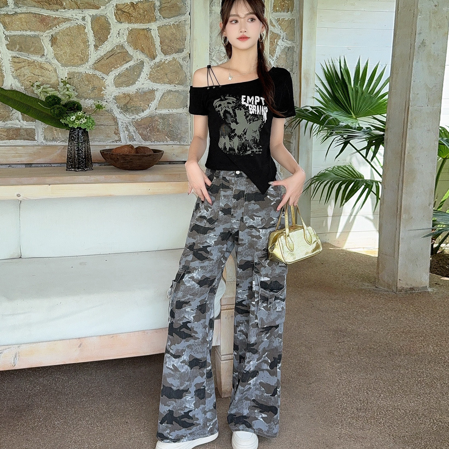 修身T恤上衣女迷彩裤子大口袋休闲长裤辣妹哈伦工装裤洋气质套装