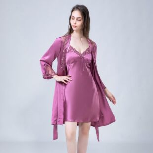 2445 100%桑蚕丝吊带睡裙睡袍两件套睡衣女真丝套装 女士春夏季 新款