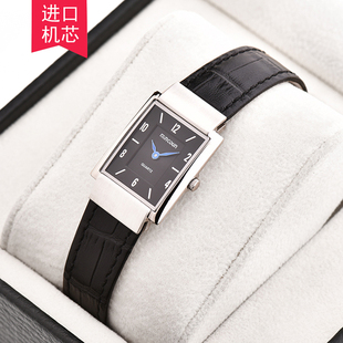 正品名盾手表 女士时尚长方形防水真皮带钢壳石英表 超薄休闲女表