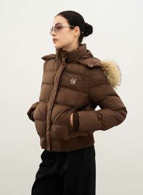 SRIKERLAB 特氟龙三防90白鸭绒毛领连帽短款羽绒服保暖外套上衣女