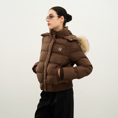 SRIKERLAB 特氟龙三防90白鸭绒毛领连帽短款羽绒服保暖外套上衣女