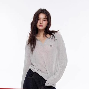 Archivum 上衣女 亚麻莱赛尔天丝混纺V领POLO灰色显瘦防晒罩衫 长袖