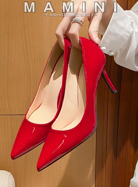 【玛美妮】大小码单鞋31－43漆皮红色新款高跟鞋女细跟百搭婚鞋女