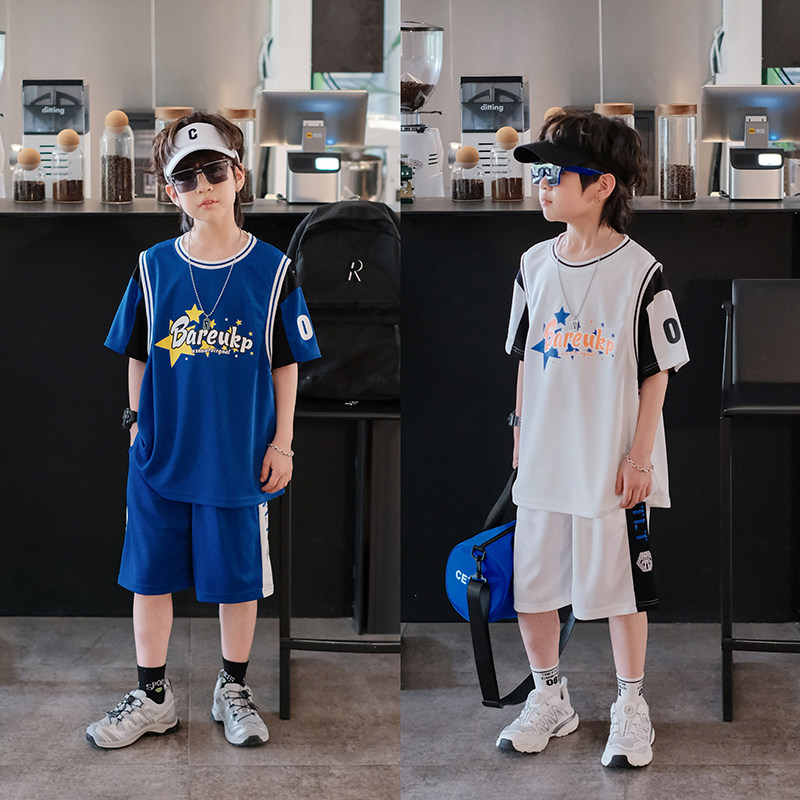 男童套装夏装新款中大童洋气两件套儿童假两件短袖短裤篮球服