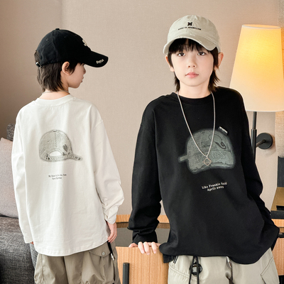 男童T恤长袖2025秋装新款中大童纯棉上衣男孩圆领体恤儿童打底衫