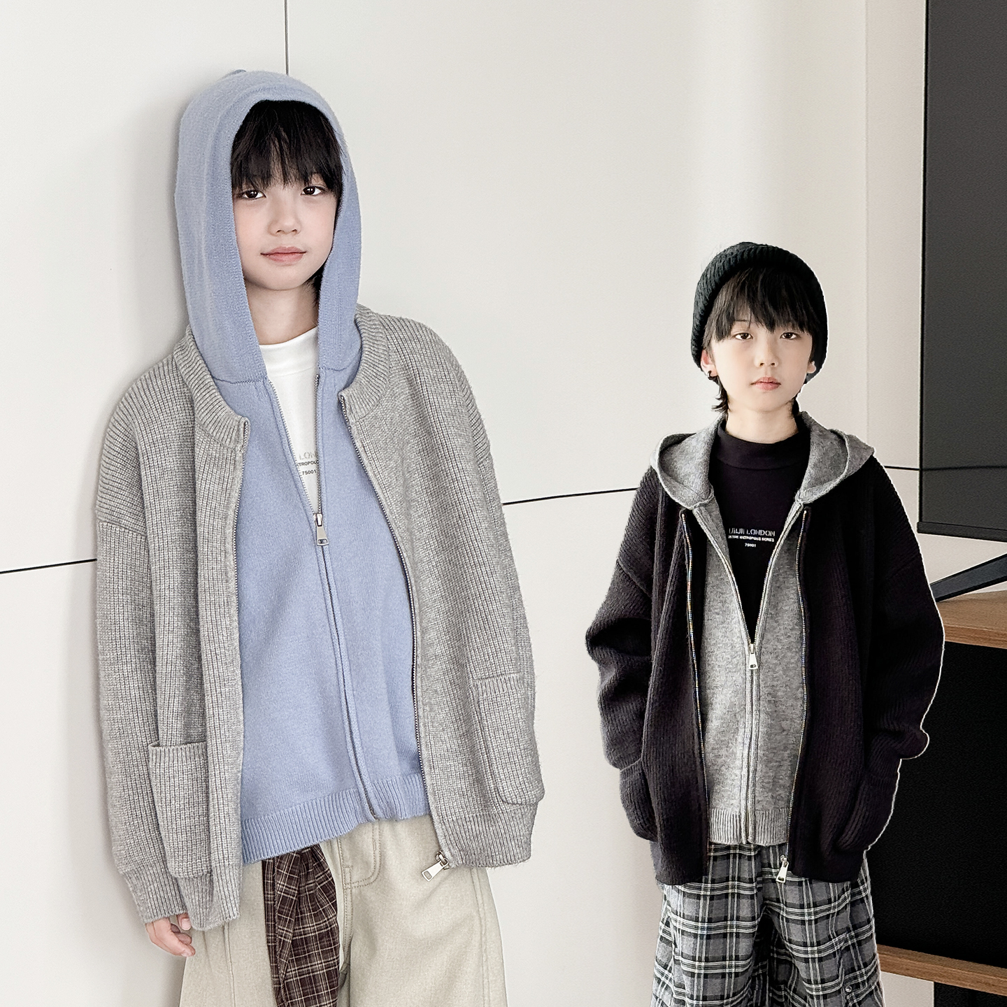 男童毛衣2025秋季新款中大童韩版假两件针织衫儿童连帽开衫外套