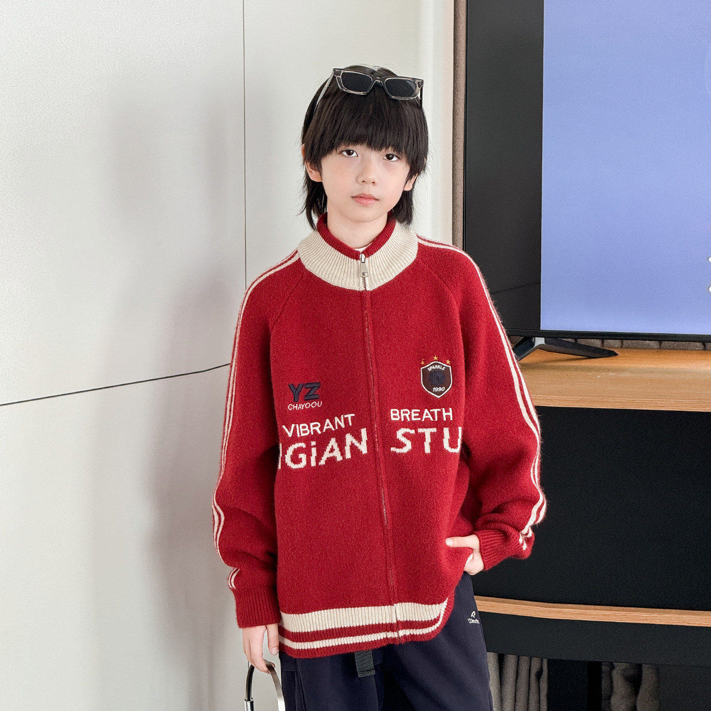 男童毛衣2025冬季新款儿童拉链针织开衫中大童加厚新年红色外套