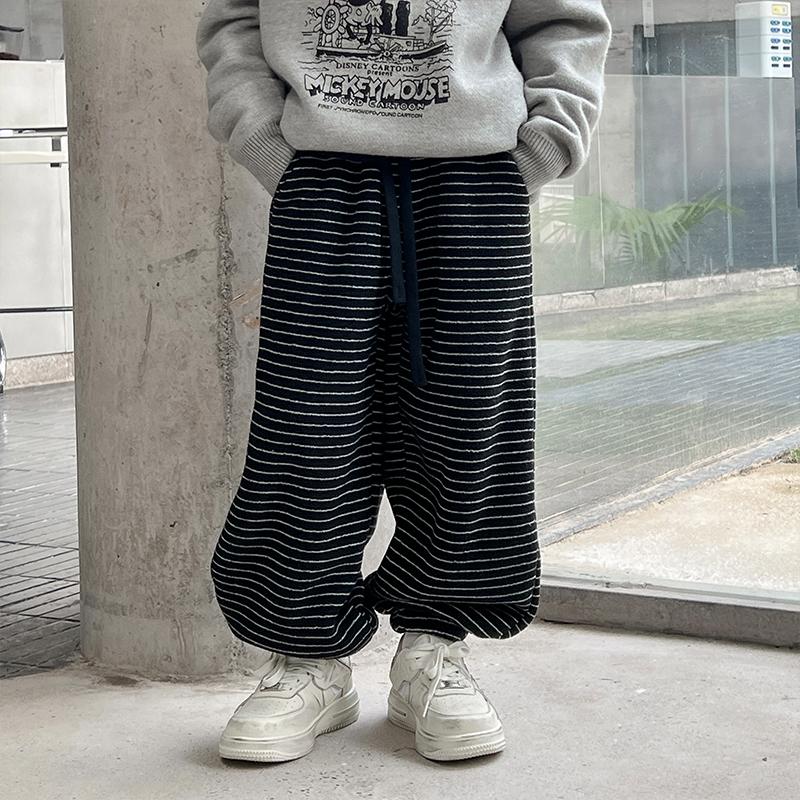 男童加绒裤子秋冬新款大童条纹直筒阔腿裤一体绒运动裤休闲裤