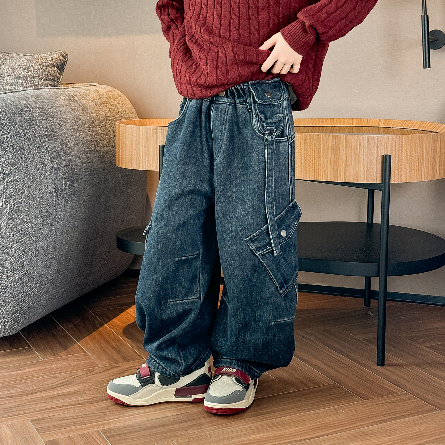 男童加绒裤子2025冬装新款中大童一体绒棉裤老爹裤儿童工装牛仔裤