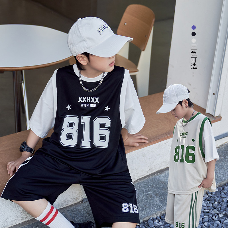 男童夏季运动套装儿童篮球衣假两件短袖短裤冰丝速干两件套薄