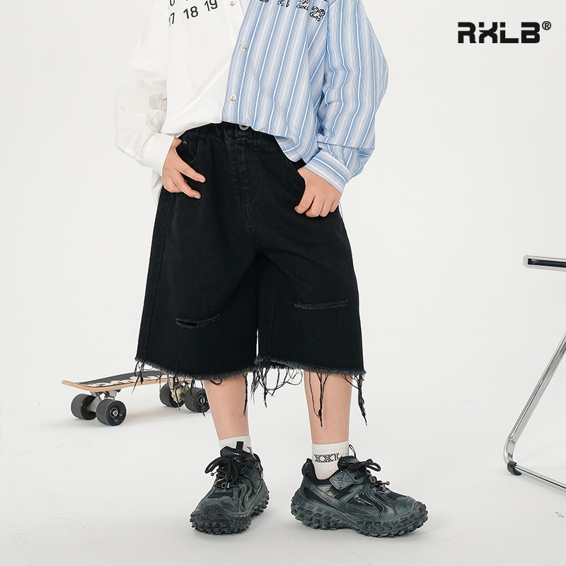 儿童夏季破洞毛边牛仔中裤男童痞帅短裤中大童黑色牛仔裤五分裤潮