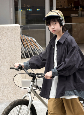男童长袖衬衫外套2026春夏新款中大童上衣假两件轻薄韩版儿童衬衣
