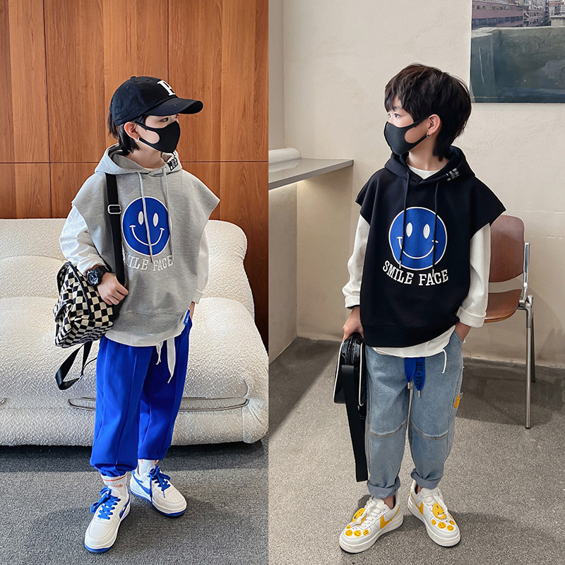 小龙包童装男童马甲春装新款中大童针织背心儿童无袖连帽外套