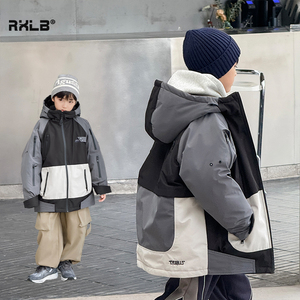 男童羽绒服冬季2024新款儿童撞色拼接工装连帽白鸭绒冲锋衣外套潮