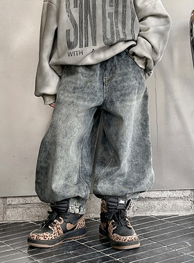 男童加绒牛仔裤新款儿童潮酷雪花一体绒裤子青少年加厚老爹裤