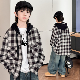 儿童连帽格纹衬衫2025秋装新款男童背后字母黑白格子磨毛衬衣外套