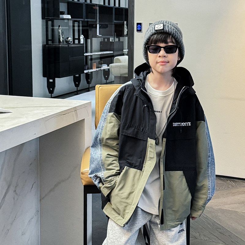 男童棉服外套冬装新款儿童拼接中大童连帽棉袄假两件夹棉夹克