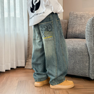韩版 新款 中大童弯刀裤 宽松男孩长裤 男童牛仔裤 儿童老爹裤 2025秋装