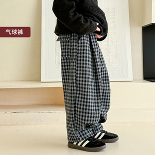 男童格子裤秋冬中大童韩版抓绒棉麻长裤洋气青少年双层灯笼裤