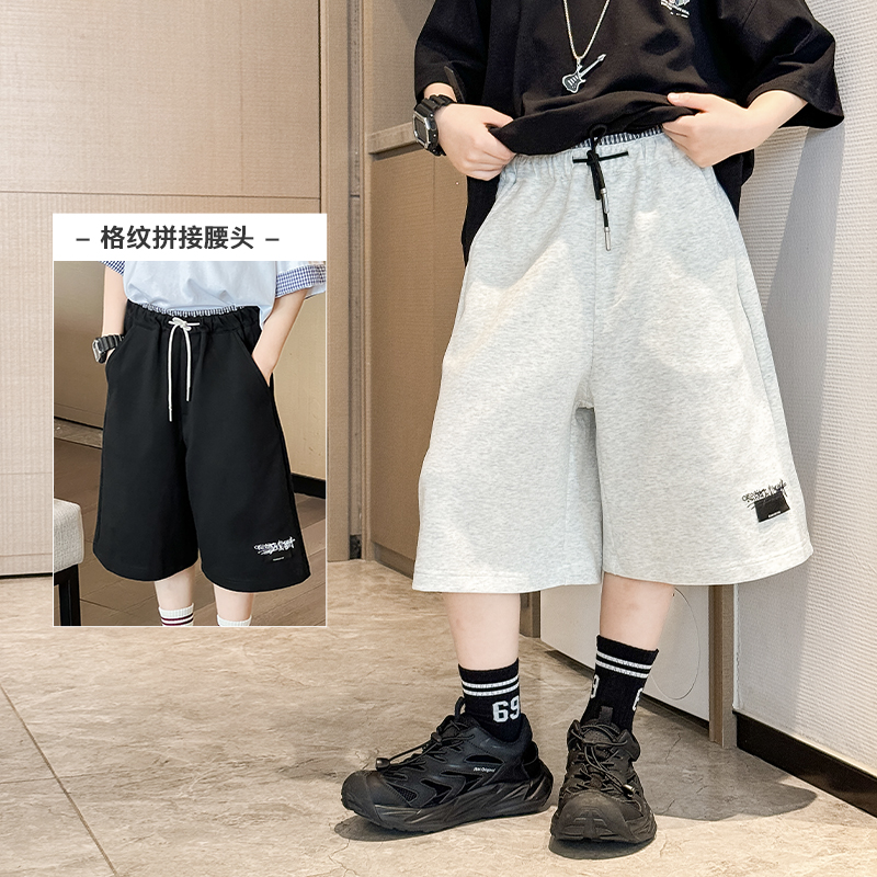 男童夏装2025新款儿童格纹拼接腰头针织中裤中大童夏季运动短裤子