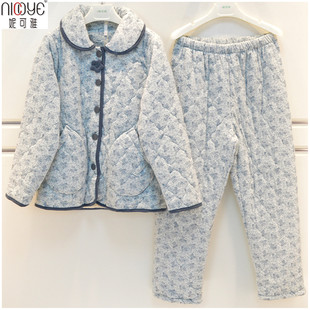 妮可雅秋冬女睡衣2025新款单面欧绒棉印花休闲薄夹棉保暖家居服套