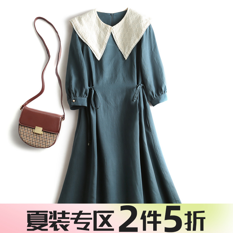 费●亚麻短袖翻领连衣裙收腰气质长裙2023夏季新款专柜品牌女装