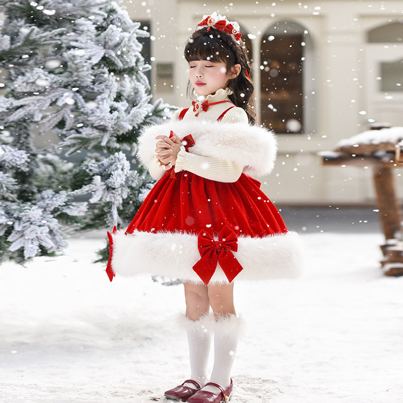 女童圣诞连衣裙红色加绒款蝴蝶结公主裙儿童新年拜年服毛衣两件套
