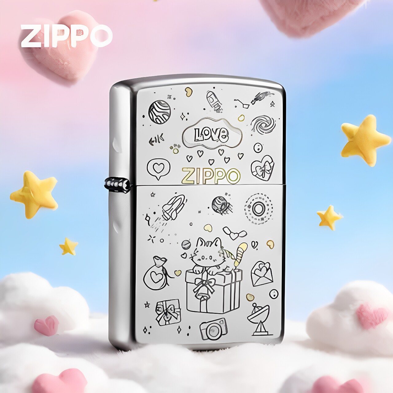 Zippo正品打火机小猫甜心缎纱雕刻个性定制生日520礼物送男生女生