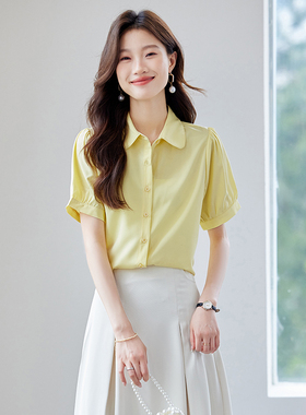 甜美气质短袖黄色衬衣女夏季新款休闲百搭OL宽松通勤小个子衬衫潮