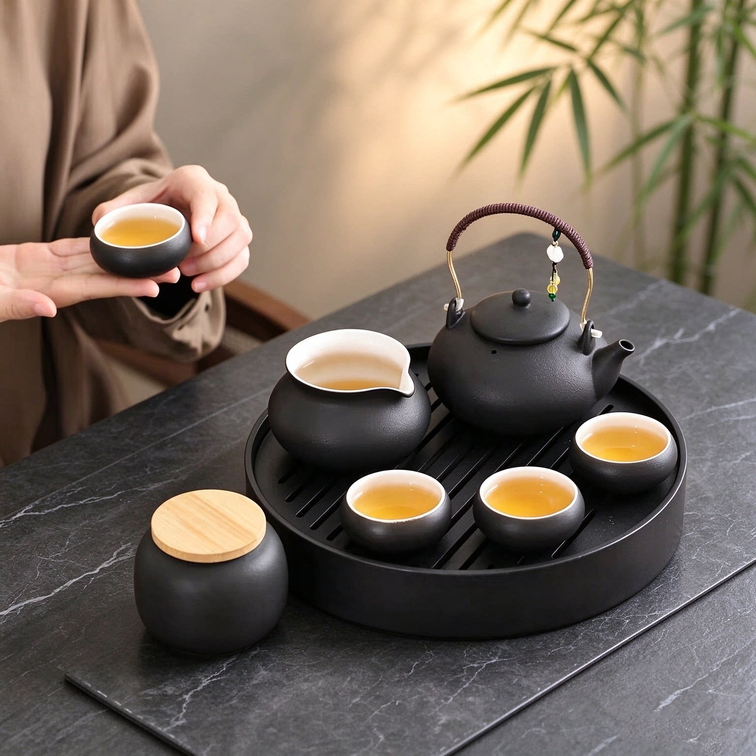 黑陶提粱壶禅风旅行茶具套装